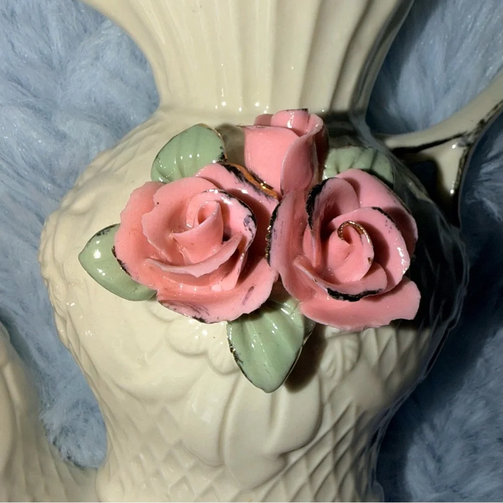 Vintage Porcelain Pink Rose Pitcher Vases Lattice Pattern Gold Trim Collectible